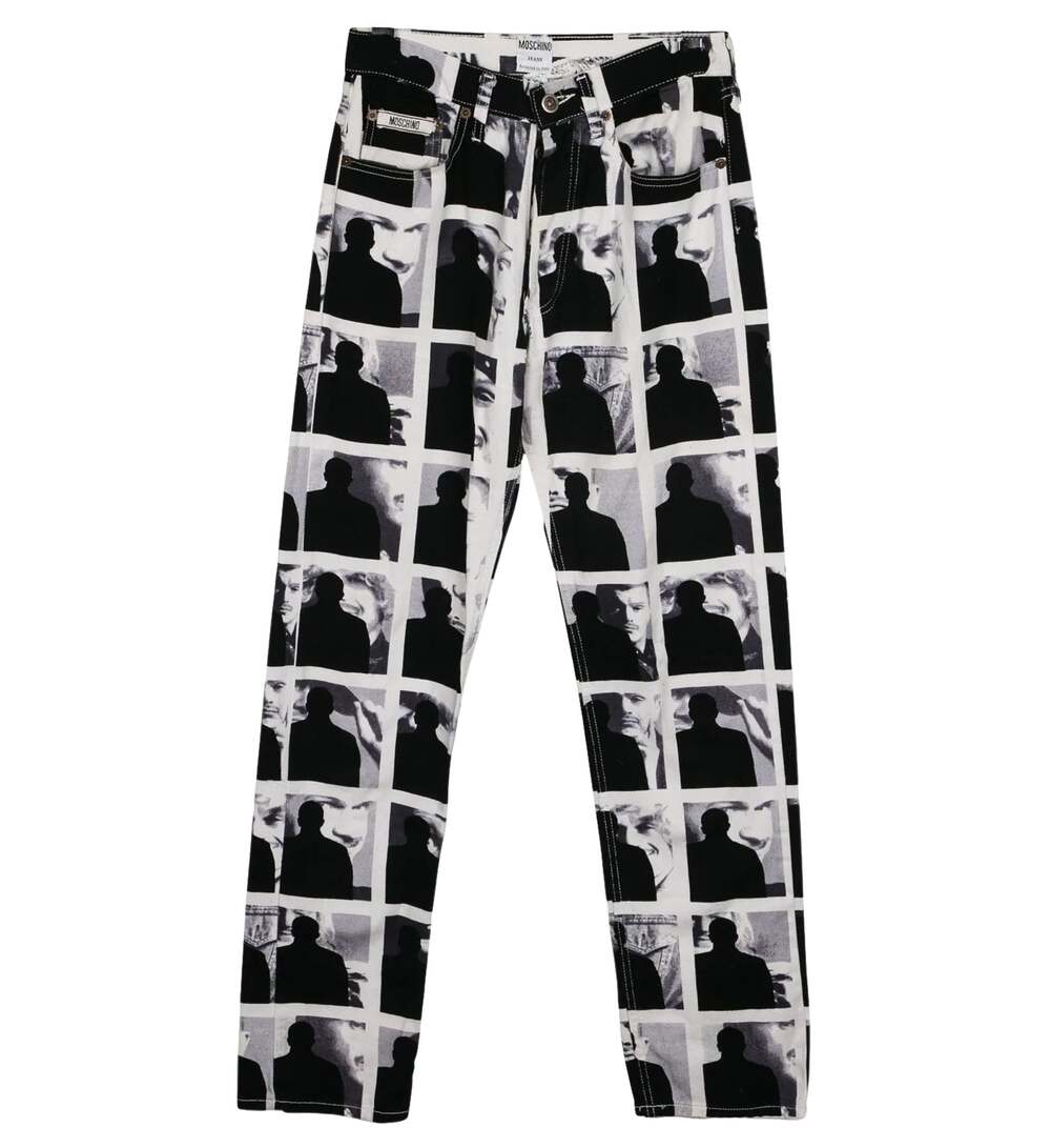 Moschino Jeans 1990s Salvador Dali Black and White Printed Tapered Leg Jeans